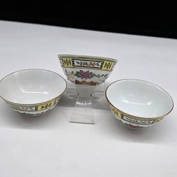 Chinese Porcelain Soup Bowls Floral Butterfly Heart Design Gold Trim 3.5" Set of - Picture 1 of 5